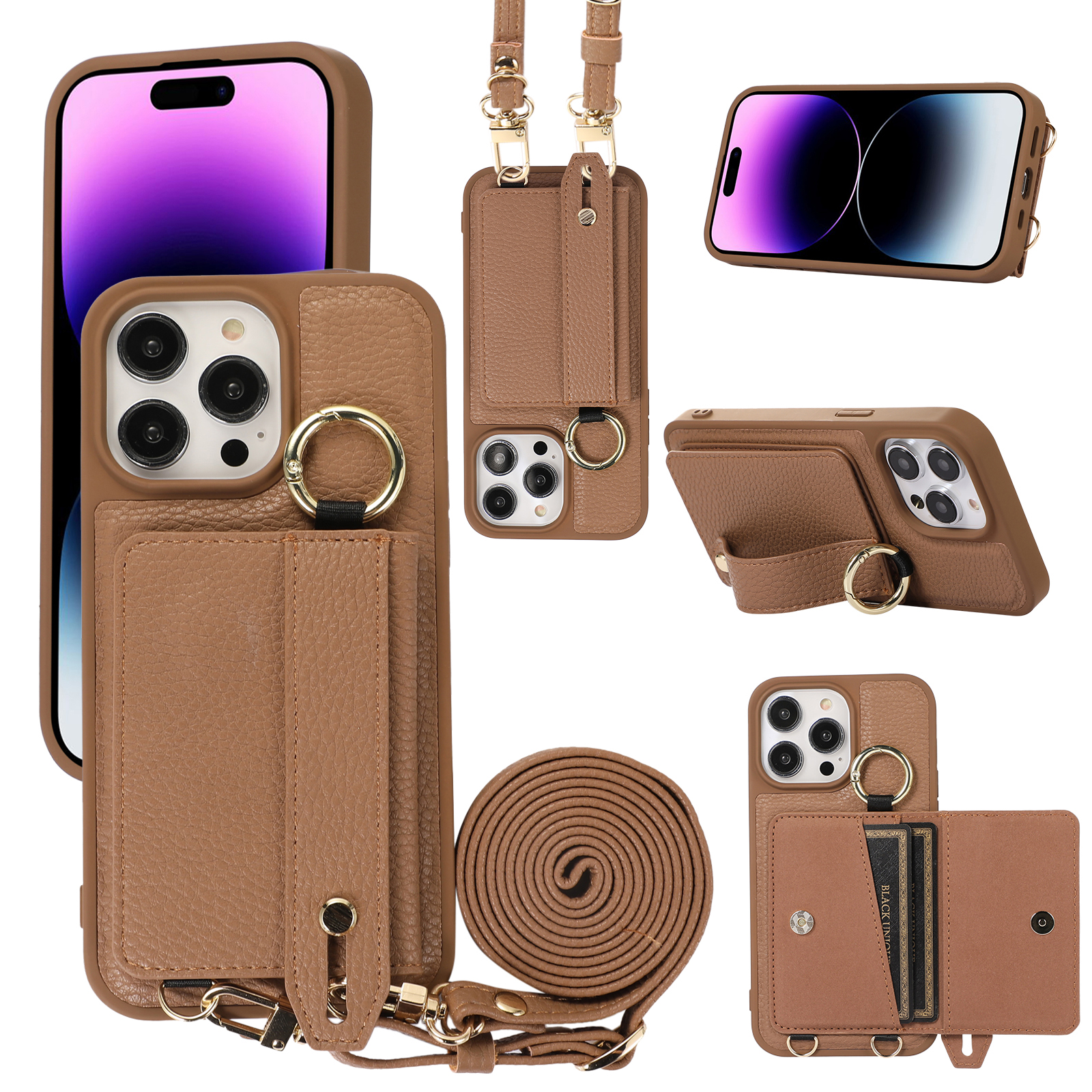 Crossbody Litchi Leather Alça de pulso Cartões Slots Holder Wallet Cases Para iPhone 14 Pro Max 13 12 11 Kickstand Ring Phone Funda