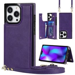 Crossbody Square Folio Telefoonhoesje voor iPhone 15 14 13 12 Pro Max Samsung Galaxy S23 S21 Ultra S22 Plus S21FE Lanyard Meerdere kaartsleuven Lederen portemonnee Beugel Shell