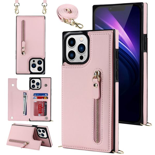 Funda para teléfono con cremallera en folio cuadrado cruzado para iPhone 15 14 13 12 Pro Max Samsung Galaxy S23 S21 Ultra S22 S21FE Múltiples ranuras para tarjetas Cartera de cuero Soporte de cadena Shell