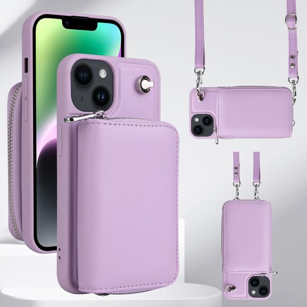 Funda tipo cartera cruzada para iPhone 15 con cremallera y tarjetero de piel sintética con bloqueo RFID y función atril, correa de muñeca desmontable