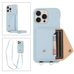 Étui portefeuille en cuir PU pour iPhone 14 Pro Max 13 12 15 Plus Promax avec lanière et poche pour carte, couverture arrière avec verrouillage magnétique ciosure