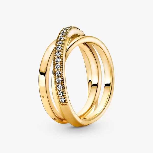 Crossover Pave Triple Band Ring plaqué or jaune avec boîte d'origine pour bijoux de mariage Pandora CZ Diamond Girlfriend Gift Lover couples Anneaux pour femmes hommes