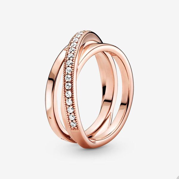 Crossover Pave Triple Ring pour Pandora 18K Rose Gold Wedding Party Jewelry Designer Anneaux Pour Femmes Mens Crystal Diamond Bague de luxe pour couple avec boîte d'origine