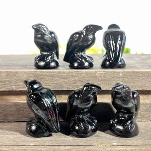 Figurines d'animaux en obsidienne noire naturelle, corbeau, cristaux de guérison, décoration de maison, pierres précieuses sculptées, oiseaux artisanaux, ornements, cadeau