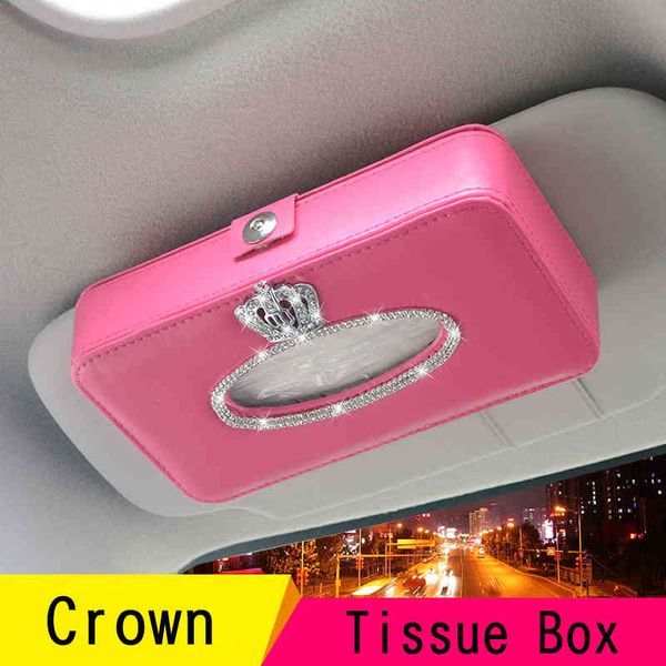 Crown Crystal Rhinestone Sun Visor Type Car Tissue Box Pink Holder Diamante Interior Toalla de papel Niñas Accesorios