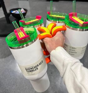 Nieuwe neon wit roze parade tumbler Quencher H2.0 40oz roestvrijstalen bekers hendeldeksel en stro 2e generatie auto mokken reiswaterflessen