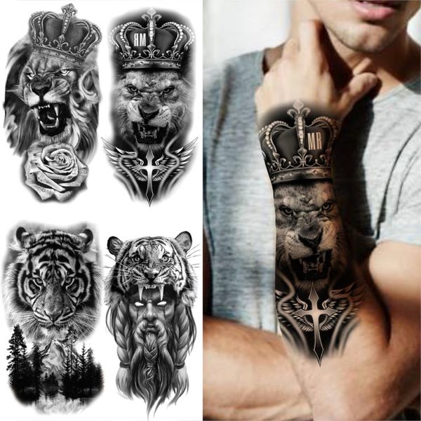 Couronne Lion croix tatouages temporaires pour hommes femmes tigre démon Rose forêt faux tatouages avant-bras cuisse demi manches Tatoos autocollants