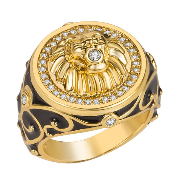Anillo con insignia de escudo de León y corona, chapado en cobre, chapado en oro, sello real, anillo para hombre, accesorios elegantes de moda, Europa y América