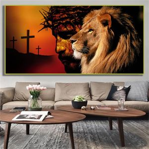 Crown of Thorns Jesus Animal Lion Christian Cross Canvas schilderen Poster afdruk Wall Art Picture Living Room Home Decor Cuadros