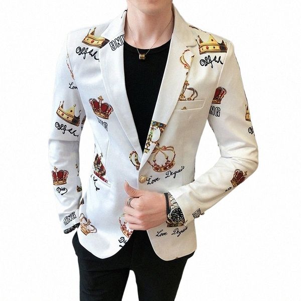 Crown Printing Men's Blazer Wedding Bustines Vêtements Slim Tuxedo Spring Spring Men's Party Stage Suit Formal Dr Jacket 96DQ # #