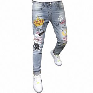 Crown Printing Skinny Jeans Hommes Joggers Blanc Skinny Jeans Hommes Printemps 2021 Homme Jeans Brand New Slim Fit Casual Denim Harem Pantalon u6BY #