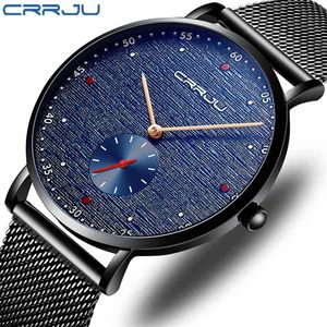 CRRJU Bleu Mode Slim Mesh Ceinture Quartz Montre Hommes Montres Top Marque De Luxe Étanche Sport Horloge Relogio Masculino 210517