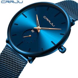 CRRJU mode bleu hommes montre haut de gamme marque minimaliste Ultra-mince montre à Quartz décontracté étanche horloge Relogio Masculino X0625277i