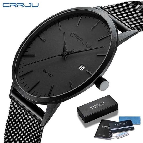 CRRJU mode hommes montres Ultra mince Quartz hommes décontracté mince maille acier étanche Sport noir Relogio Masculino 220113223Q