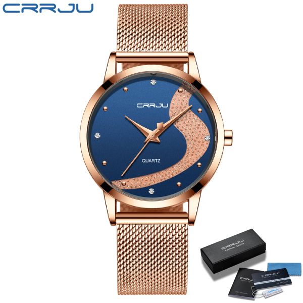 CRRJU montre en cristal de luxe femmes haut de gamme en or Rose maille en acier dames montres Bracelet fille horloge Relogio Feminino