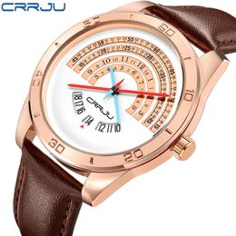 Crrju Men Luxe Sportleer Horloges mannelijke grappige binaire kalenderklok Japan Beweging Waterdichte polshorloge Erkek Kol Saati278W