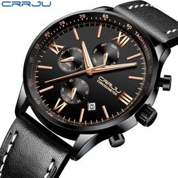 CRRJU hommes chronographe en cuir montres militaires sport étanche horloge mâle affaires décontracté mode robe montres à quartz 210517