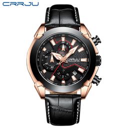 CRRJU Men's Cronógrafo Quartzo Relógio Masculino Data de Luxo Luminoso Relógios À Prova D' Água Vestido Pulseira de Couro Relógio de Pulso erkek kol sa257b