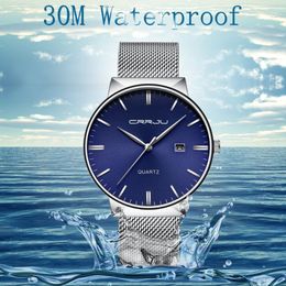 CRRJU hommes cadran bleu montres d'affaires hommes en acier inoxydable étanche mode montre à Quartz mince robe horloge Male312o