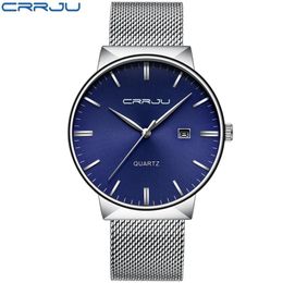 CRRJU hommes cadran bleu montres d'affaires hommes en acier inoxydable étanche mode montre à Quartz mince robe horloge mâle erkek kol saati3172