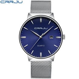 CRRJU hommes cadran bleu montres d'affaires hommes en acier inoxydable étanche mode montre à Quartz mince robe horloge mâle erkek kol saati330c