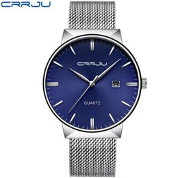 CRRJU Heren Blauwe Wijzerplaat Zakelijke Horloges Heren Roestvrij Staal Waterdicht Mode Quartz Horloge Slanke Jurk Klok Mannelijke erkek kol saati208a