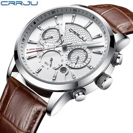 CRRJU Nieuwe Mode Heren Horloges Analoge Quartz Horloges 30M Waterdichte Chronograaf Sport Datum Lederen Band Horloges montre homme309p