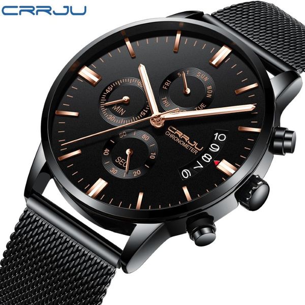 CRRJU nouvelle montre-bracelet de Sport étanche pour hommes avec bracelet Milan armée chronographe Quartz montres lourdes mode mâle Cloc219f