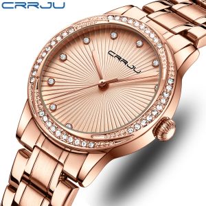 CRRJU montre femme or Rose mouvement japonais Quartz montres étanches femme cadran rond bracelet en acier inoxydable horloge de mode