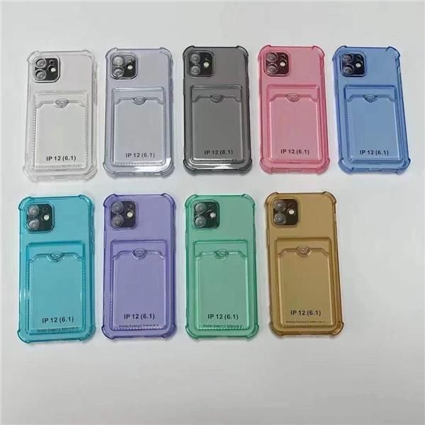 Cajas de teléfono Crsytal Clear Soft TPU a prueba de golpes con bolsillo para tarjeta de identificación de crédito para Iphone 12 11 Pro Max XR XS X 7 8 plus Funda trasera transparente de cuatro esquinas