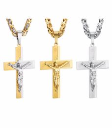 Crucifix jesus pendentif collier gol couleur acier inoxydable Christs bible hommes bijoux gift byzantine chain pour père3845430