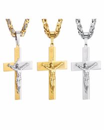 Crucifix jesus pendentif collier gol couleur acier inoxydable Christs bible hommes bijoux gift byzantine chain pour père6265977
