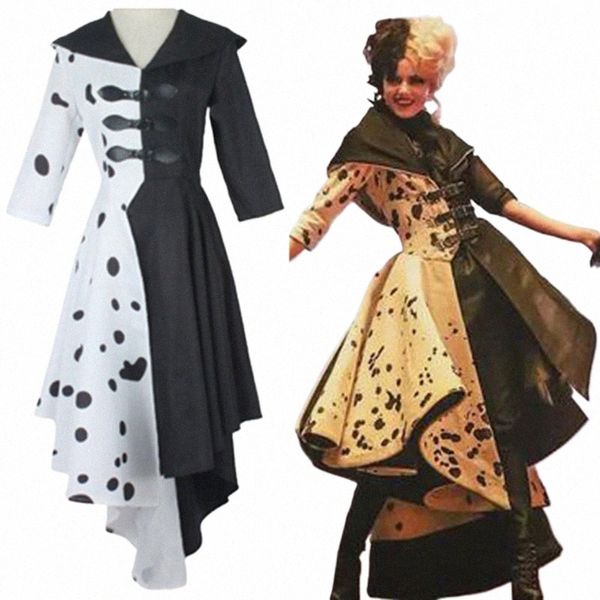 Cruella De Vil Cosplay Costume Femmes Robe Noir Blanc Maid Dr Avec Gants À Capuche Jupe Perruques Tenues Halen Party Cos Costumes y1HG #