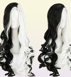 Cruella Deville de Vil Cosplay Wigs 75 cm de long bouclé à moitié blanc Noir résistant à la chaleur Synthétique Cap de cheveux Y09136725896