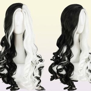 Cruella Deville de Vil Cosplay Wigs 75 cm de long bouclé à moitié blanc Noir résistant à la chaleur Synthétique Hair Cap Y09135897690
