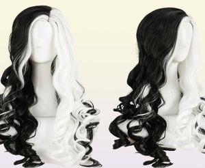 Cruella Deville de Vil Cosplay Wigs 75 cm de long bouclé à moitié blanc Noir résistant à la chaleur Synthétique Hair Cap Y09134529096