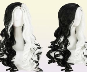 Cruella Deville de Vil Cosplay Wigs 75 cm de long bouclé à moitié blanc noir résistant à la chaleur Synthétique Hair Cap Y09137207944