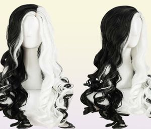 Cruella Deville de Vil Cosplay Wigs 75 cm de long bouclé à moitié blanc Noir résistant à la chaleur Synthétique Hair Cap Y09136865554