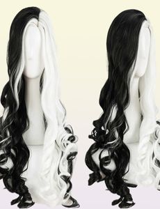CRUELLA Deville De Vil Cosplay perruques 75 cm de Long bouclés demi blanc noir résistant à la chaleur synthétique casquette de cheveux Y09136899761