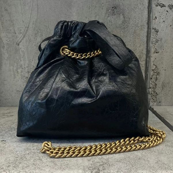 Crush bolso de mano pequeño de cuero negro con herrajes dorados envejecidos bolsos de hombro para mujer bandolera con correa de cadena con cierre de cordón bolso de mano