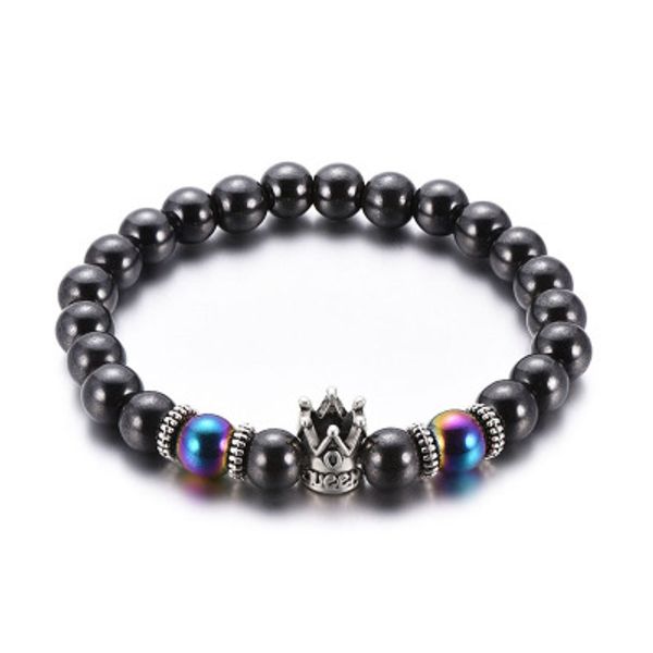 Crwon – Bracelet en hématite magnétique, fil antique en argent, couronne de reine, perles noires, pour hommes et femmes, bijoux à la mode