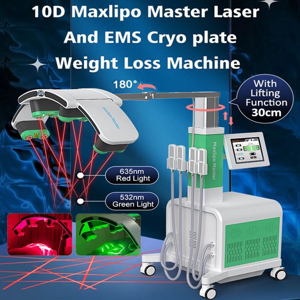 10D MAXLIPO Master Laser Machine d'élimination de la cellulite 532nm 635nm Laser froid Réduction de la graisse Perte de poids 4 plaques de cryolipolyse EMS Lipolaser Slim Équipement de salon de spa