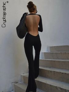 Cryptographique noir Sexy dos nu combinaisons pour femmes décontracté Flare pantalon barboteuses Club tenues de fête vêtements globaux 240109