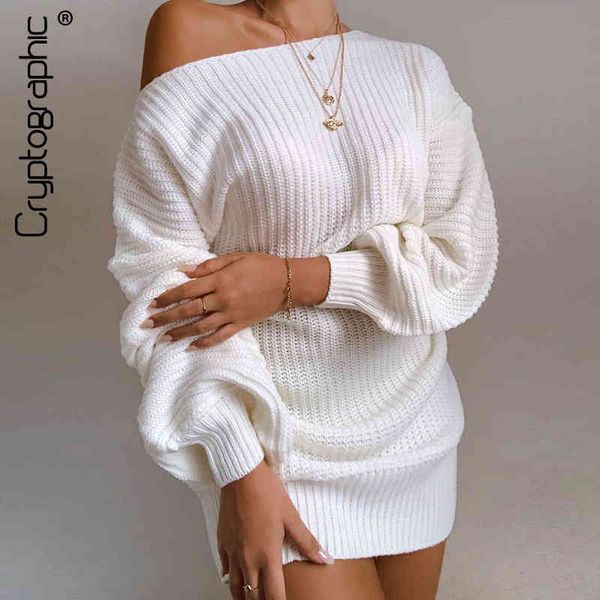 Cryptographic Casual Knitted Mini Dress Mujer Otoño Invierno Suéteres Globo Manga larga Punto Vestidos de mujer Jersey suelto X0521