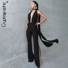 Cryptografische Diepe V Wrap Around Halter Sexy Backless Flare Broek Jumpsuits Mode Outfits voor Vrouwen Rompertjes Overalls240321