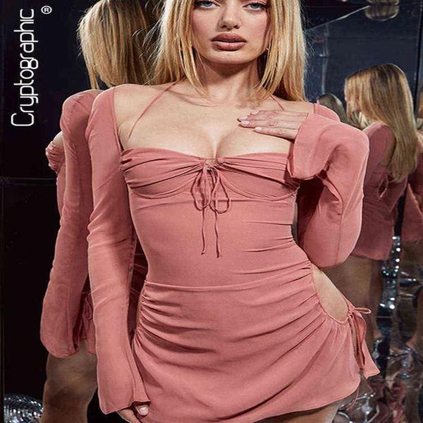 Criptográfico elegante bebé rosa recorte halter mini vestido para las mujeres 2022 club fiesta sexy cordón malla vestidos fruncidos ropa Y223110