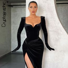 Cryptographique automne hiver noir velours Sexy robes fendues gants manches mode robe Club fête robe mi-longue pour femmes vêtements Y0118