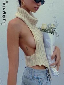 Cryptografische mode gebreide Turtleneck Crop Tops For Women Summer Sexy Mouwloze Backless Tanks Crashed Party Club Cloths 240327