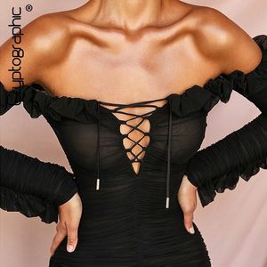 Cryptographic Sexy Mesh Robes Femmes Deep V-cou Lacets Hors Épaule Mini Robes À Volants Ourlet Dos Nu Robe Moulante Clubwear T200320