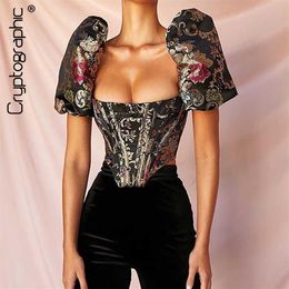 Cryptographique Col Carré Jacquard Désossé Bustier Crop Tops Chemise Manches Bouffantes Sexy Dos Nu Chemises Blouse Femmes Fermeture Éclair Élégant 20252d